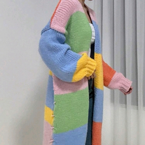 Casual Rainbow Color Block Faux Crocheted Knit Cardigan, Autumn/Winter - Picture 2 of 5